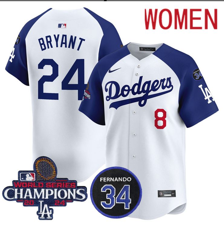 Women MLB Los Angeles Dodgers #24 Bryant white 2024 World Series Champions Patch Limited Jersey style 2